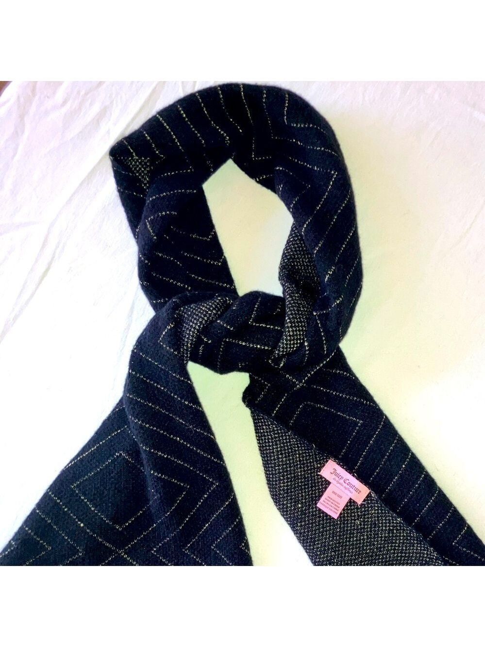 Juicy Couture Buttery Soft Knit Glam Winter Scarf Black w Gold geometric Pattern